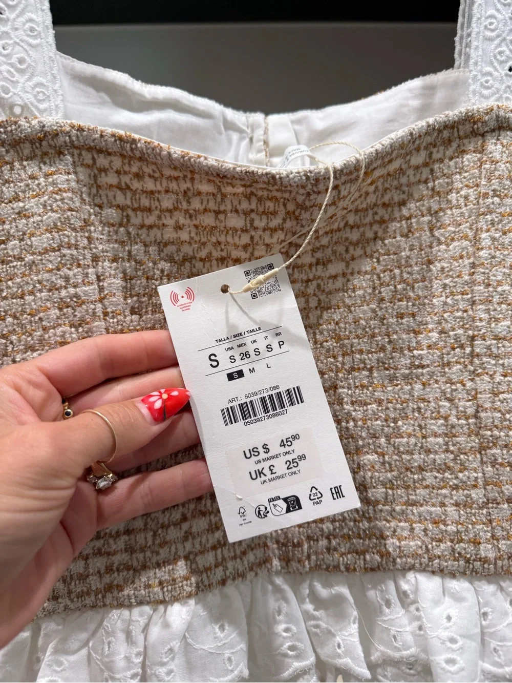NWT Zara Ecru Brown Combination Textured Crop Top Lace Trim Size S